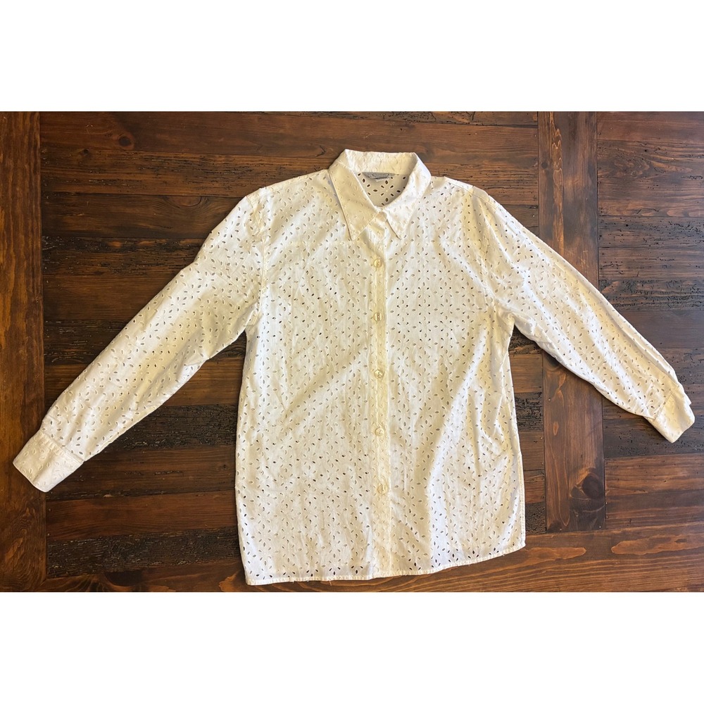 Stonebridge Vintage White Eyelet Shirt Women's Button Down Size Petite Medium